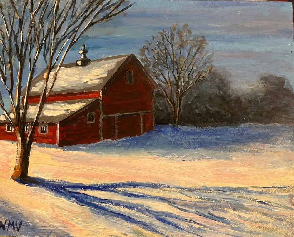 SHADOWS ON SNOW Original Landscape Painting BARN WINTER SNOW FARM Wall Art