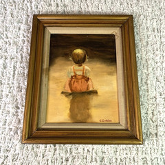 Vtg Original Oil On Canvas Wood frame 13×16” Sitting child girl 1970’s signed