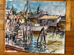 Vintage Watercolor Study Painting on Paper Boats in Harbor 17 x 15 OOAK
