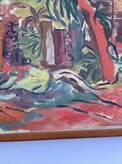 LARGE PAINTING MID CENTURY LANDSCAPE COASTAL TROPICAL PALMS MODERNIST MYSTERY