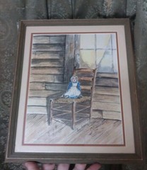Vintage Folk Art Watercolor Painting Still Life Doll On Chair Signed Sue Latsha