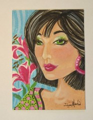 Woman Portrait Aceo Title MISS LILY flowers girl Acrylic Ink sparkle W/C paper