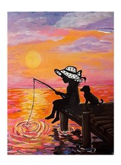 Lake Fishing Dock Girl & Dog Original VLP Art Acrylic 9×12” Canvas Panel