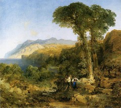 Oil painting Thomas Moran – Amalfi Coast young couple in stunning landscape