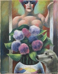 Vintage Expressionist Still Life With Flowers, Dog, and Figure by Jack Gerber