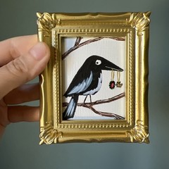 Magpie,bird,funny,cute,original,miniature Painting,small,mini,framed