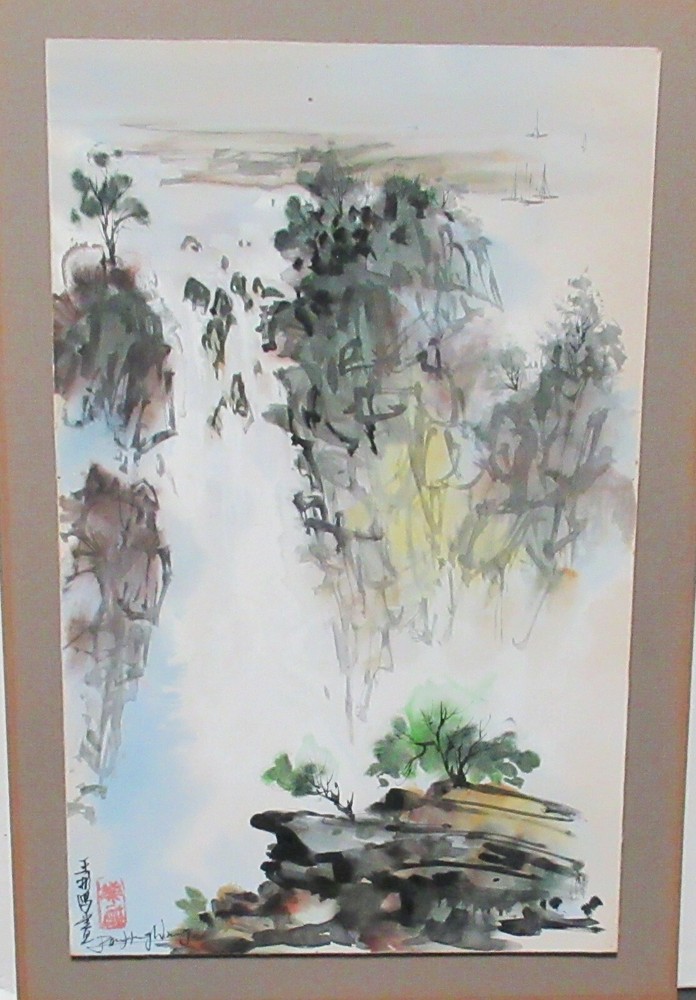P. WONG CHINESE RIVER MOUNTAIN BOATS WATERCOLOR PAINTING