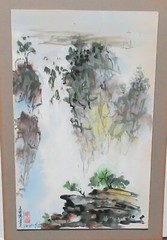 P. WONG CHINESE RIVER MOUNTAIN BOATS WATERCOLOR PAINTING