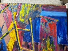 Vintage „An Abstract Scene“ Oil On Cardboard Painting