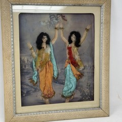 VTG Indian Mixed Media Dancing Women Art Silk Sari Fabric 3D Framed Painting