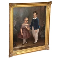 1840s American School Oil Portrait Painting Gesso Gilt Frame 61” Tall
