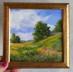Summer Original Oil Painting Rural Landscape Flowers Village Houses Art 6 x 6 in