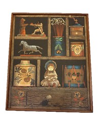 Vintage Huntington Folk Art Oil On Canvas Shadow Box Scene 27”x33”