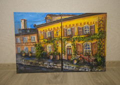 Original Diptych Acrylic Painting Old Town European Street Art 2x 60×40сm Canvas