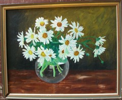 A.K. STILL LIFE DAISIES VASE FLOWERS BLOOMS RED BROWN WHITE YELLOW ANTIQUE