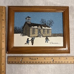 H. Hargrove Oil Painting; School House Winter Scene Framed 8.5”x6.5”. Excellent