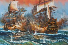 J.Harvey Large Oil painting on canvas, SHIPS BATTLE AT SEA, Signed, Framed