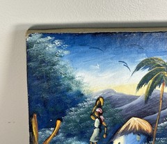 Haitian Folk Art Village Scene Painting by Sanfar Signed & Inscribed Canvas VTG