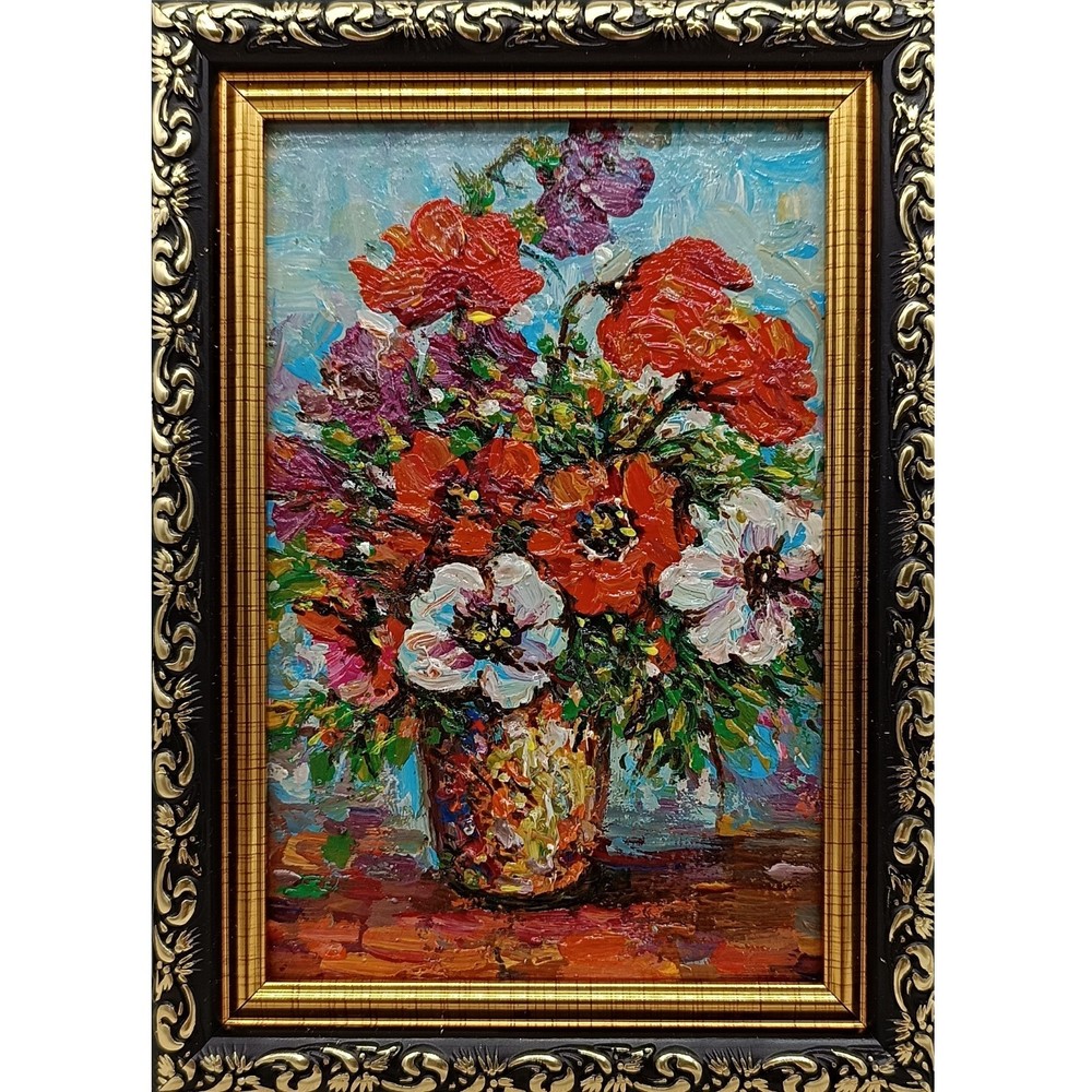 Poppy Original Oil Painting 4×6 Framed Signed Red Floral Still Life Bouquet Art