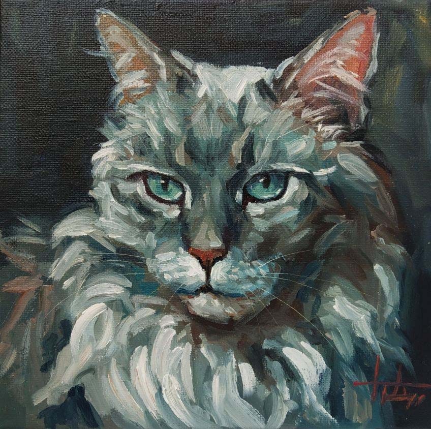 Original oil painting on canvas Portrait of a Gray Fluffy Cat 20×20 cm Signed