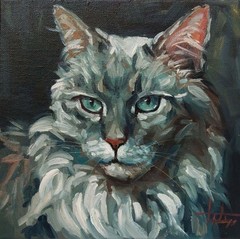 Original oil painting on canvas Portrait of a Gray Fluffy Cat 20×20 cm Signed