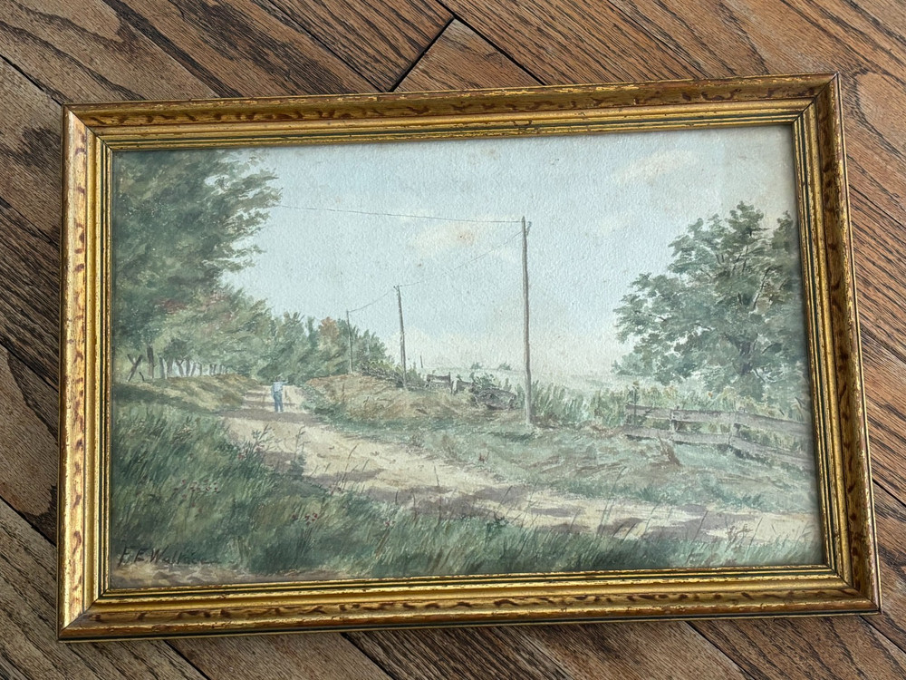 Antique 1890s-1920s Watercolor Rural Road Landscape Painting Gold Framed 9×14