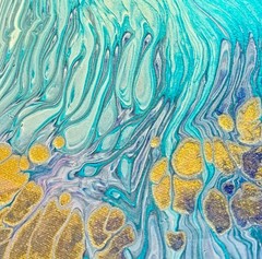 14″ x 14″ Original Acrylic Pour Painting – Ocean Blues and Gold