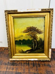 Antique Oi Painting Landscape River Mountains Green Lush Trees Small Boat Moody