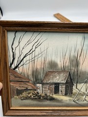 Vintage Watercolor Painting Log Cabin And Barn In Montreal Signed M Fick 1985