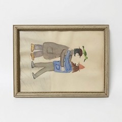 Folk Art Watercolor Painting Symbolism Men Hug Bird Gnome Cap Sign Alliman Vtg