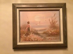 VTG Signed Oil Painting Philip Sandee Oil Painting Art fishing boy at the beach