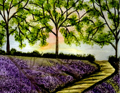 PAINTING WATERCOLOR 11X14 WHITE MAT 16X20 BLUEBELL TREES WOODLAND LANDSCAPE ART