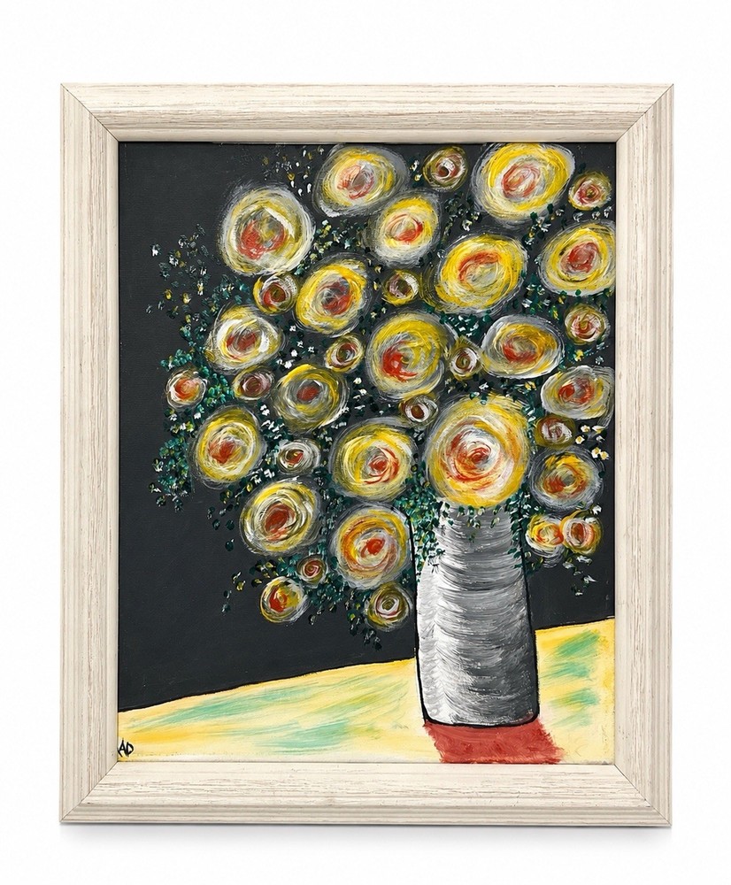Original Floral Still Life Acrylic Painting Framed on Canvas Signed AD 19×23.5