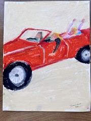 Original Oil Pastel Painting Red Vintage Convertible Car Girls Road Trip 11×14