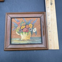 Vtg 2 Pc Mini Floral Still Life Paintings 4.5×5” On Wood, Framed Art