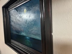 Original Oil Painting Nocturne Moonlight Seascape Ocean in Vintage Frame