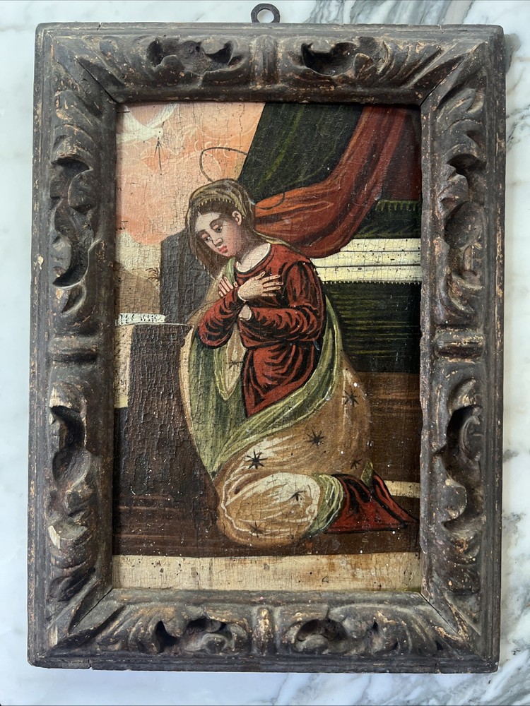 Spanish Colonial Old Master Annunciation Virgin Oil on Board, Framed Painting