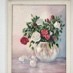 Vintage MCM Oil Painting Roses Floral Still Life Pink Elephants Signed SCP Frame