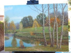 LANDSCAPE RIVER REALISM OIL CANVAS ORIGINAL PAINTING SOVIET RUSSIAN ART SIGNED