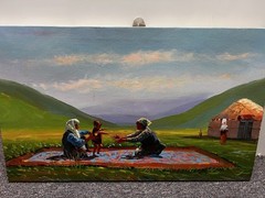 Mongolian Oil Painting Family Signed on back