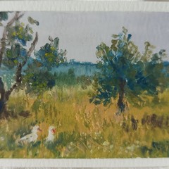 Original ACEO Geese Landscape Trees Countryside Impressionist Mini Painting OOAK