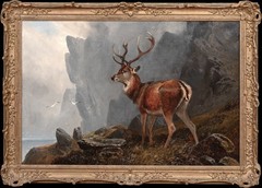 Large 19th century Scottish Highland Stag Loch Landscape by Clarence Henry Roe