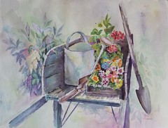 Painter Suzanne Obrand, Holocaust Survivor, Watercolor Painting „Wheelbarrow“
