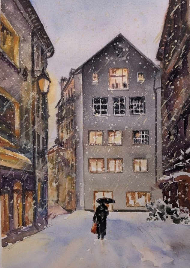 Urban Winter City Street Watercolor Painting Snowy Houses Windows Lights Art