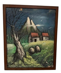 Vintage Landscape Painting with Mountain and Cabin Scene – Signed