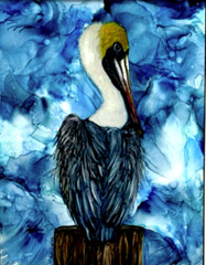 PAINTING WATERCOLOR 11X14 MAT 16X20 PELICAN BIRD GRAY WHITE BROWN BLUE ORIGINAL