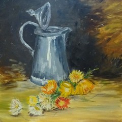 Vintage Primitive Original Naive Still Life Oil Painting Pewter Pitcher 20×16