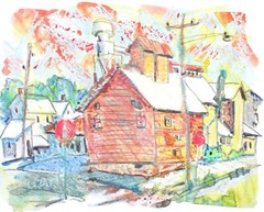 Larry Lerew original Crayon Resist Painting impressionism Feed Store Mill COA