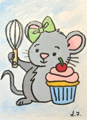 Whimsical Mouse Baker ATC ACEO ORIGINAL HAND PAINTED Signed OOAK Suzanne Foster
