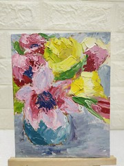 Original oil painting Pink Yellow tulips flower Artwork Still life wall art 9×7